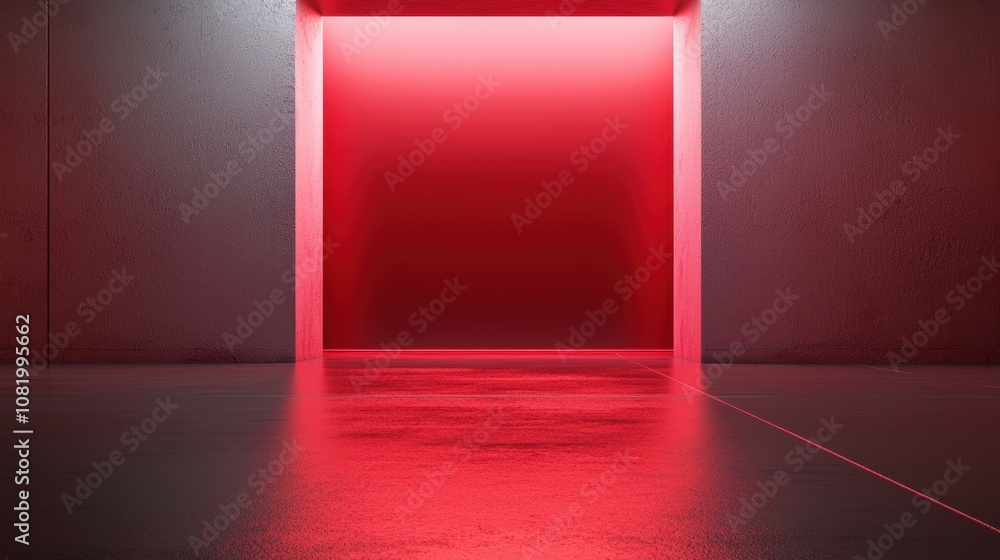 Obraz premium A modern, minimalist interior with vibrant red lighting creating an intriguing atmosphere and artistic appeal.