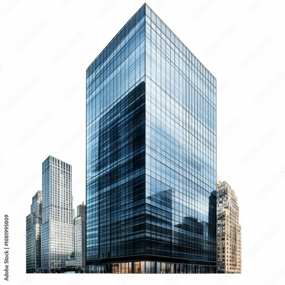 Obraz premium Modern glass skyscraper against white sky.