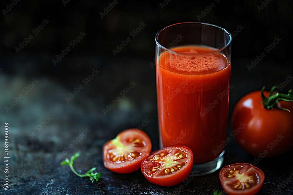 Glass of fresh tomato juice is surrounded by ripe tomatoes and herbs on a dark background Glass of fresh tomato juice is surrounded by ripe tomatoes and herbs on a dark background