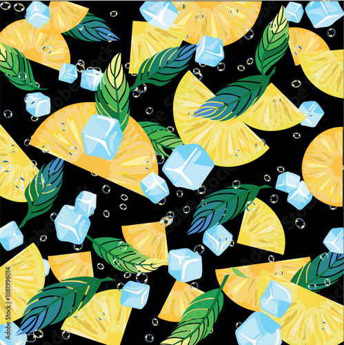 pattern pineapples in water with mint and ice in bubbles