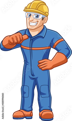 friendly steelworker cartoon character in full safety gear pointing at himself