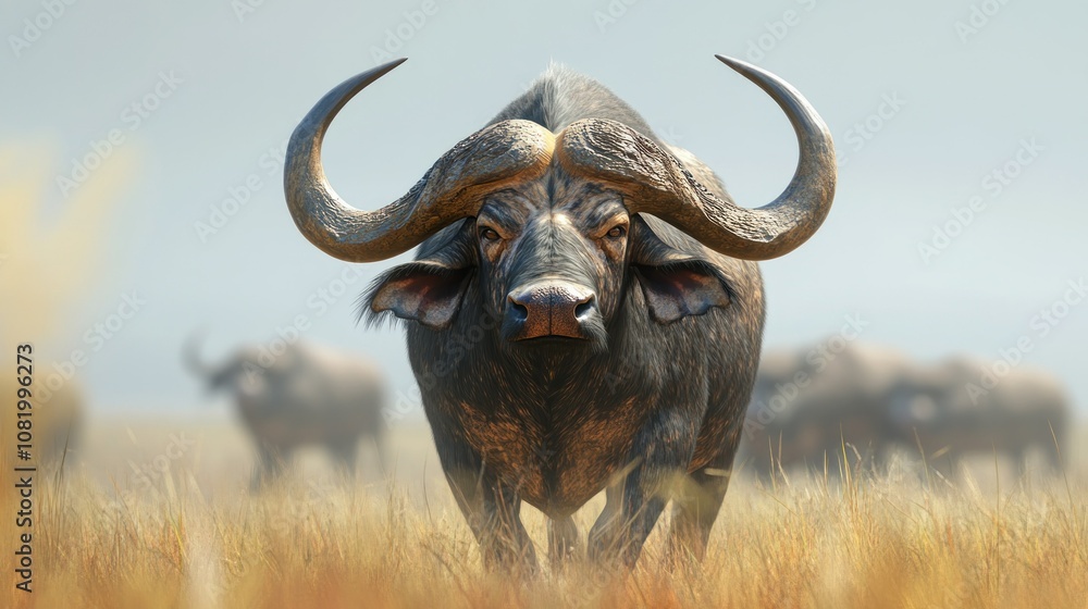 A fierce-looking Cape buffalo standing in a grassy savanna A fierce-looking Cape buffalo standing in a grassy savanna