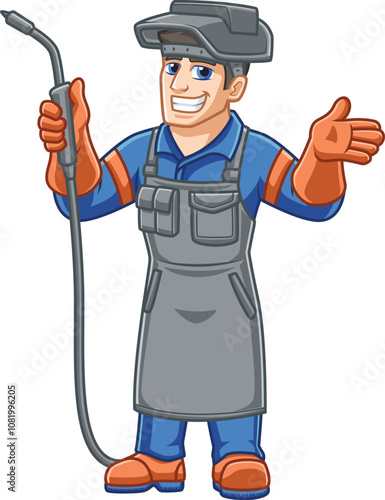 cartoon character of steelworker in full safety suit holding welding torch