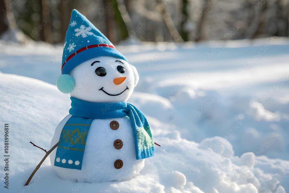 Fototapeta premium Cute snowman in a beautiful winter wonderland
