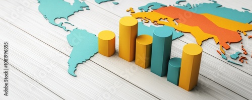 A colorful world map with rising bar graphs symbolizes global data trends and economic growth.