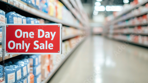 One Day Only Sale sign in grocery store aisle, showcasing various products on shelves, creating vibrant shopping atmosphere. Customers can find great deals today!