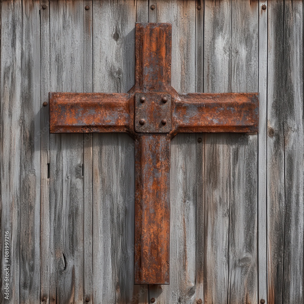 Rustic metal cross with distressed finish focus on strength theme dynamic overlay old barn backdrop