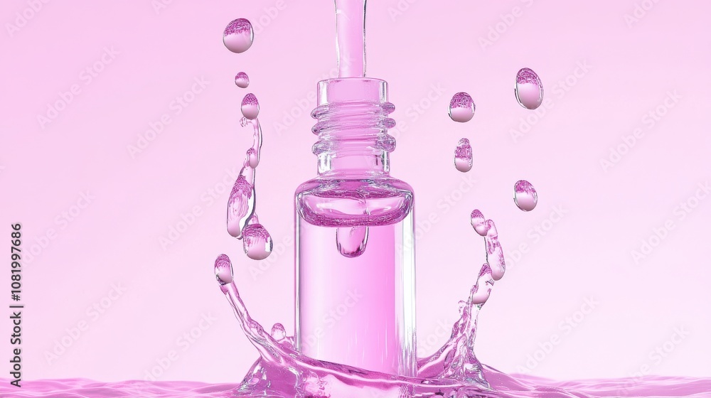 Splashing serum bottle soft surface beauty product minimalist design close-up refreshing hydration Splashing serum bottle soft surface beauty product minimalist design close-up refreshing hydration