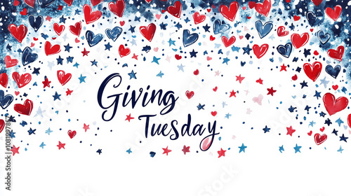 Cheerful heart and star garland welcoming Giving Tuesday with festive lettering in vibrant colors