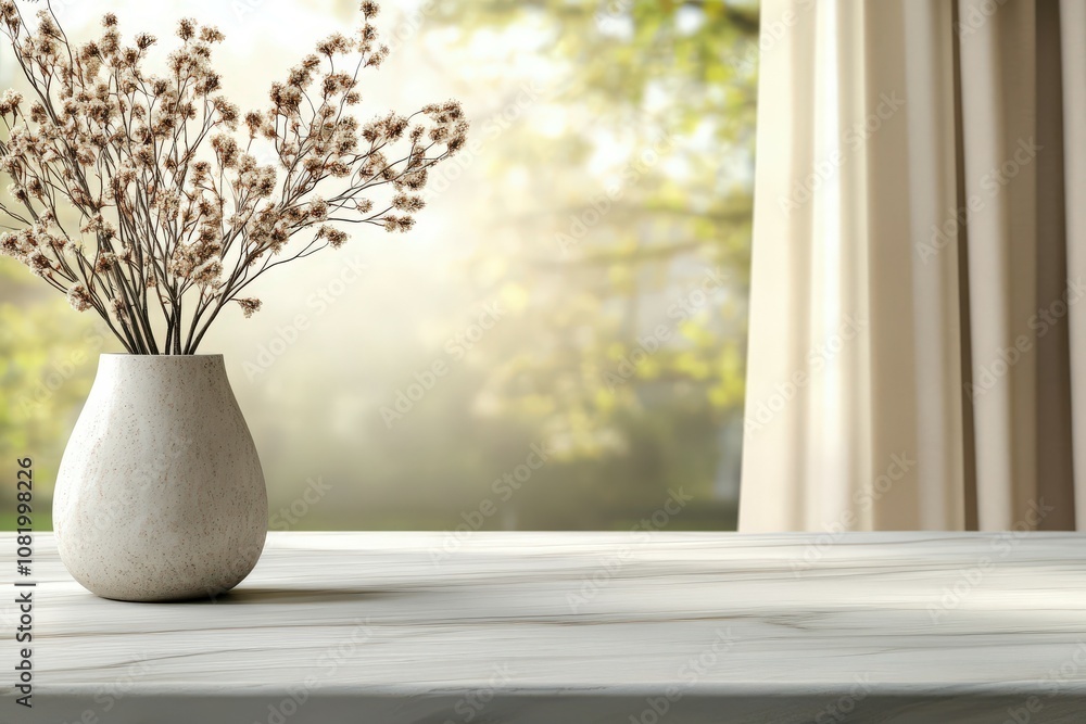 Vase with dried flowers on a table by a sunlit window in spring Vase with dried flowers on a table by a sunlit window in spring