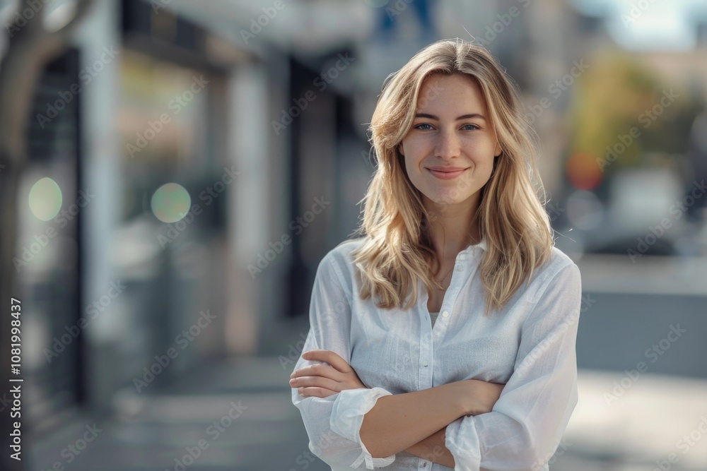 Blond Woman Standing with Arms Crossed on Street. Smiling Woman with Copy Space Blond Woman Standing with Arms Crossed on Street. Smiling Woman with Copy Space
