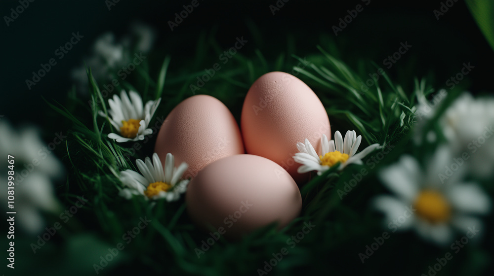 A collection of pink pastel-painted Easter eggs placed on fresh green grass, with tiny flowers A collection of pink pastel-painted Easter eggs placed on fresh green grass, with tiny flowers