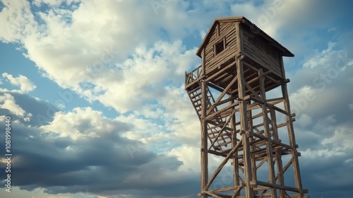 Wooden Observation Tower Against Dramatic Sky