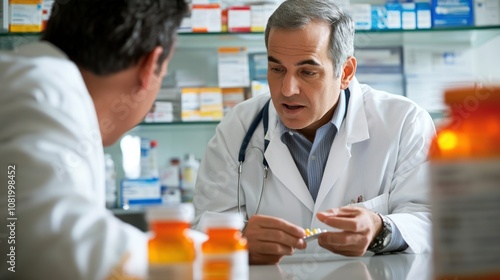 Doctor Discussing Medication with a Patient in a Pharmacy photo