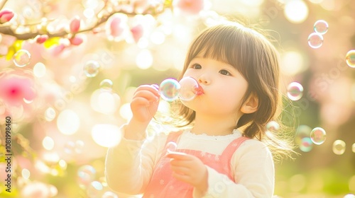 A Young Girl Blowing Bubbles in a Garden with Pink Flowers