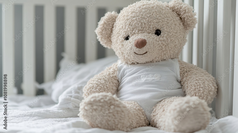 view of a large plush teddy bear inside a white wooden crib view of a large plush teddy bear inside a white wooden crib