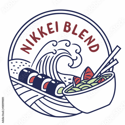 The iconic logo of Nikkei Fusion Restaurant features a sushi roll and ceviche bowl side by side. The brand name “Nikkei Blend” is a modern and trendy font.