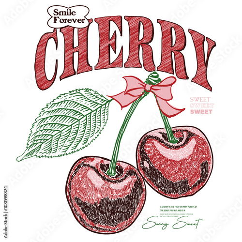 hand drawn cherry prints. girls food fashion graphic prints for cherries fruit, cherry cool slogan print for tee. funny vintage food fashion slogan print,