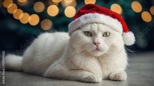 christmas portrait of a white cat whit hat santa