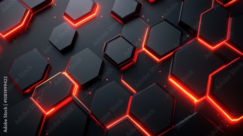 Abstract futuristic design featuring glowing red hexagons on a dark background, creating a dynamic and visually striking surface perfect for technology and innovation themes. Abstract futuristic design featuring glowing red hexagons on a dark background, creating a dynamic and visually striking surface perfect for technology and innovation themes.