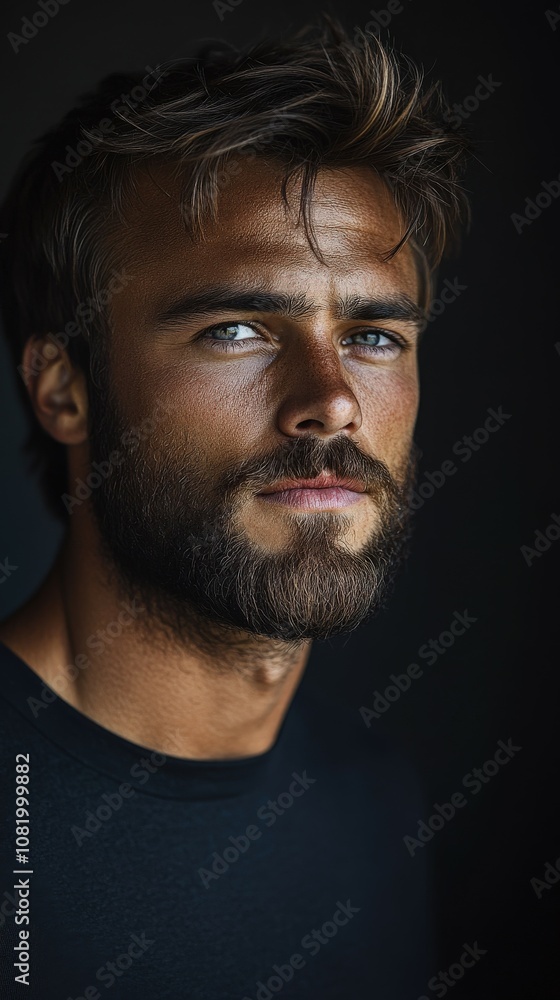 Portrait of a young man with striking blue eyes and a beard indoors Portrait of a young man with striking blue eyes and a beard indoors