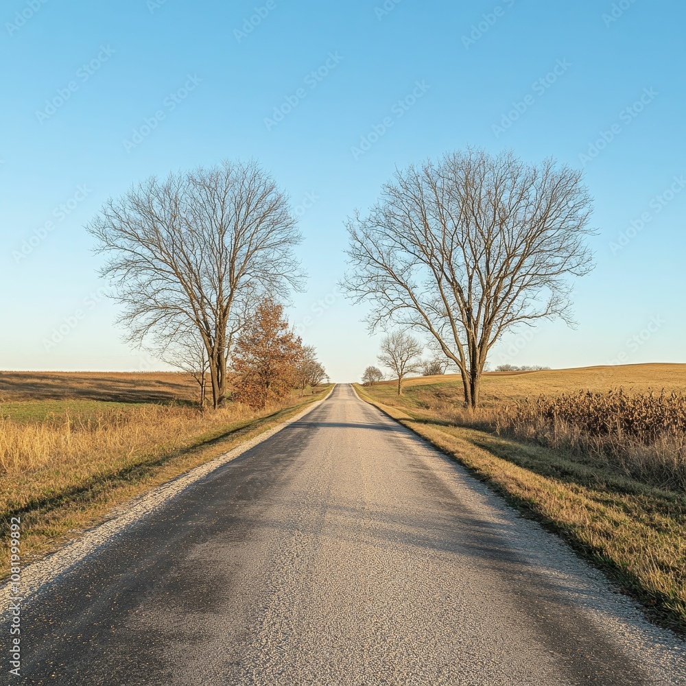 Fototapeta premium Empty paved road leads through field with trees.