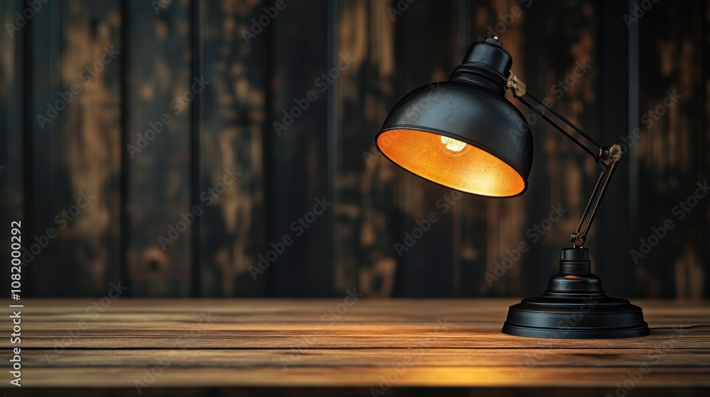 Modern black desk lamp on a wooden table with copy space for branding or design projects Modern black desk lamp on a wooden table with copy space for branding or design projects