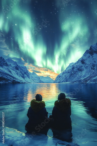 Two people sit by a still lake, watching the breathtaking aurora borealis illuminate the night sky above snow-capped mountains.