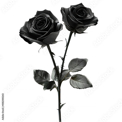 Elegant black roses with green leaves, transparent background