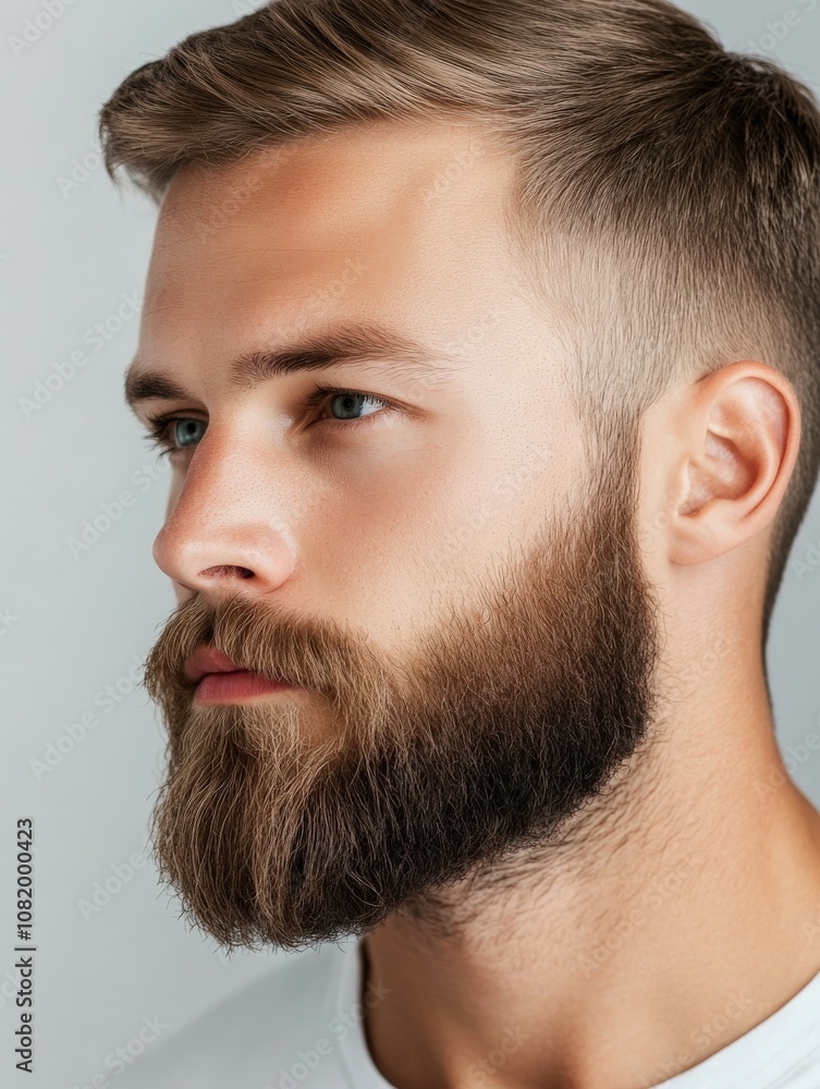 Young man with stylish haircut and full beard against neutral background Young man with stylish haircut and full beard against neutral background