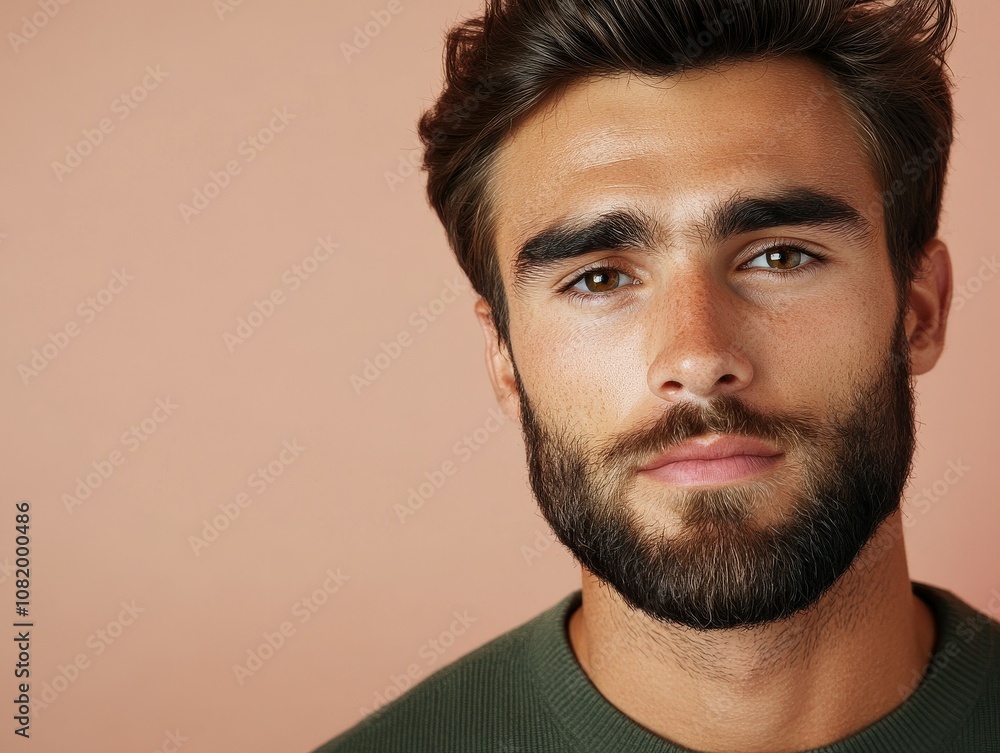 Young man with a stylish beard posing against a pink background Young man with a stylish beard posing against a pink background