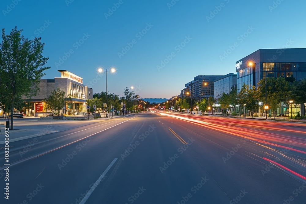 Empty city street with light trails at dusk. Empty city street with light trails at dusk.