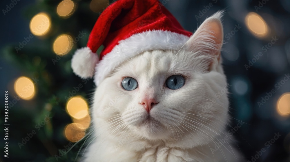 christmas portrait of a white cat whit hat santa christmas portrait of a white cat whit hat santa