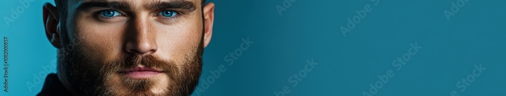 Bearded man with blue eyes and neutral expression on blue backdrop Bearded man with blue eyes and neutral expression on blue backdrop