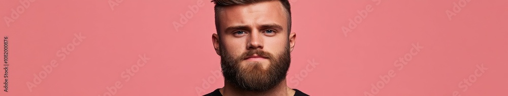 Fototapeta premium Young man with a beard posing against a pink background