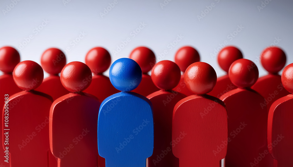 Unique individual standing out among red figures representing diversity conceptual art studio background close-up perspective identity and inclusion Unique individual standing out among red figures representing diversity conceptual art studio background close-up perspective identity and inclusion
