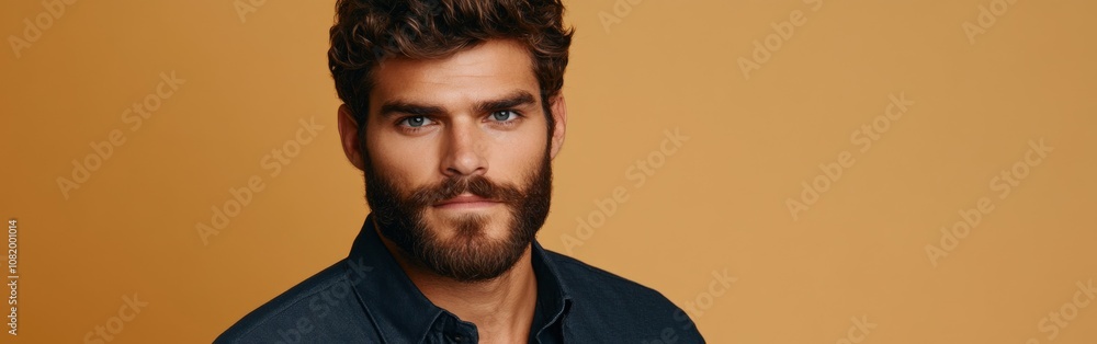 Young man with a beard posing against a solid orange background Young man with a beard posing against a solid orange background