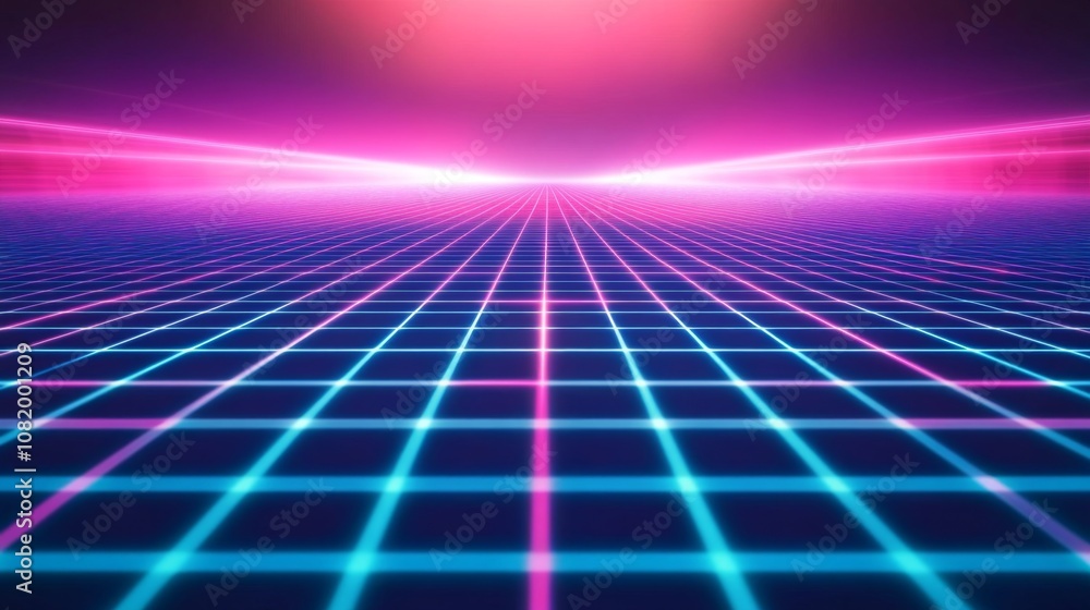 Futuristic Grid Landscape with Neon Lights and a Vivid Horizon in a Cyberpunk Style, Evoking a Sense of Depth and Technology in a Vibrant Color Palette Futuristic Grid Landscape with Neon Lights and a Vivid Horizon in a Cyberpunk Style, Evoking a Sense of Depth and Technology in a Vibrant Color Palette