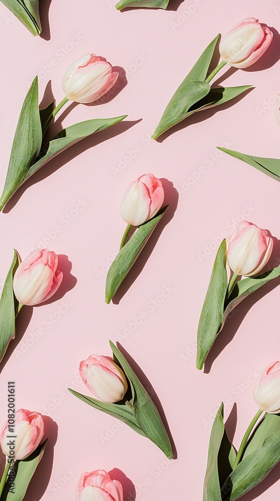 Obraz premium Romantic Arrangement of Pink and White Tulips on a Soft Pink Background Perfect for Spring, Weddings, or Floral Celebrations