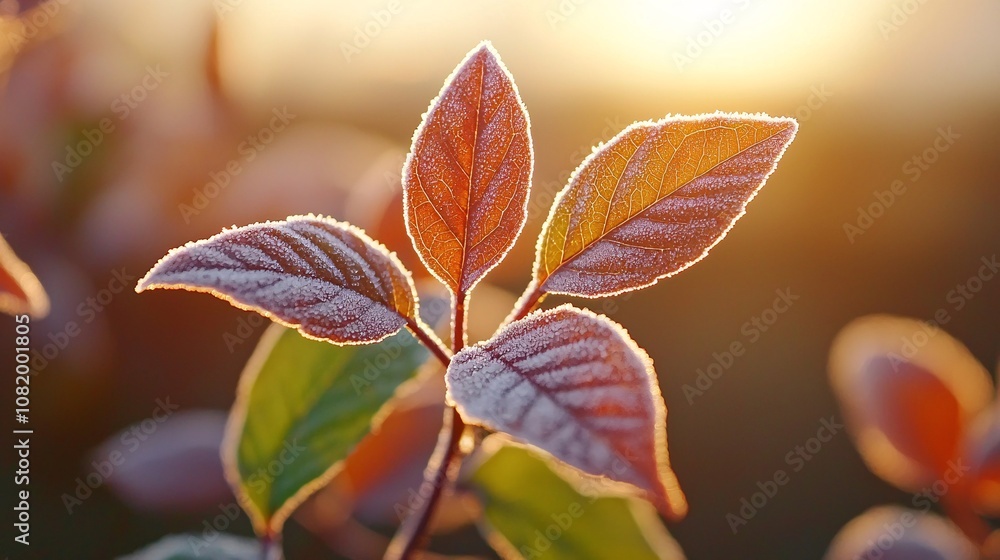 Naklejka premium Frosted Leaves Glowing in Sunrise Light Capturing the Beauty of Nature's Transition from Cold to Warm in a Serene Outdoor Landscape