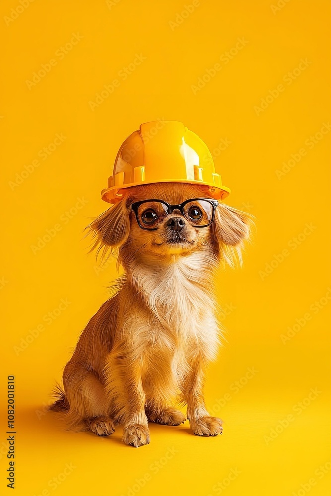 Safety construction diy concept - cute dog in hard hat on color background. Safety construction diy concept - cute dog in hard hat on color background.