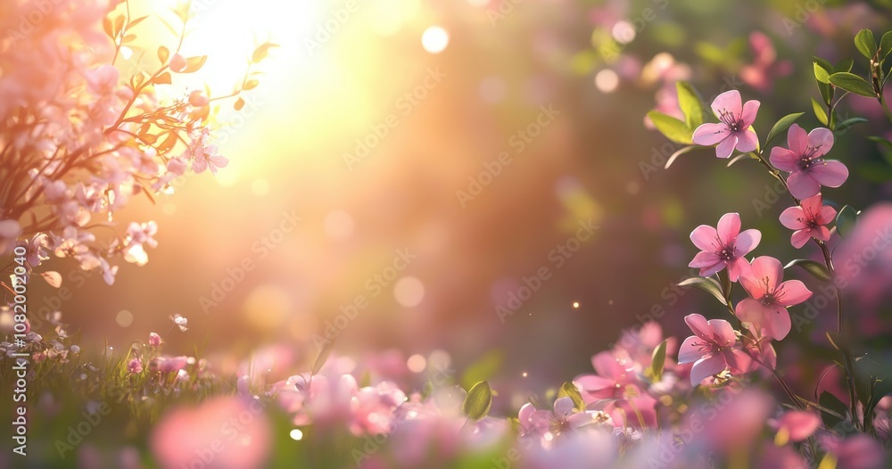 Gentle Sunlight Illuminates a Vibrant Floral Meadow with Soft Pink Blossoms, Creating a Serene and Tranquil Atmosphere for Nature Lovers Gentle Sunlight Illuminates a Vibrant Floral Meadow with Soft Pink Blossoms, Creating a Serene and Tranquil Atmosphere for Nature Lovers