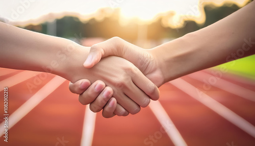 Celebratory handshake between athletes sports track action image outdoor environment close-up perspective teamwork concept