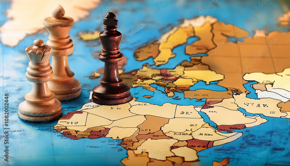 Strategic chess match across europe and africa map board game intellectual environment close-up view global strategy concept Strategic chess match across europe and africa map board game intellectual environment close-up view global strategy concept