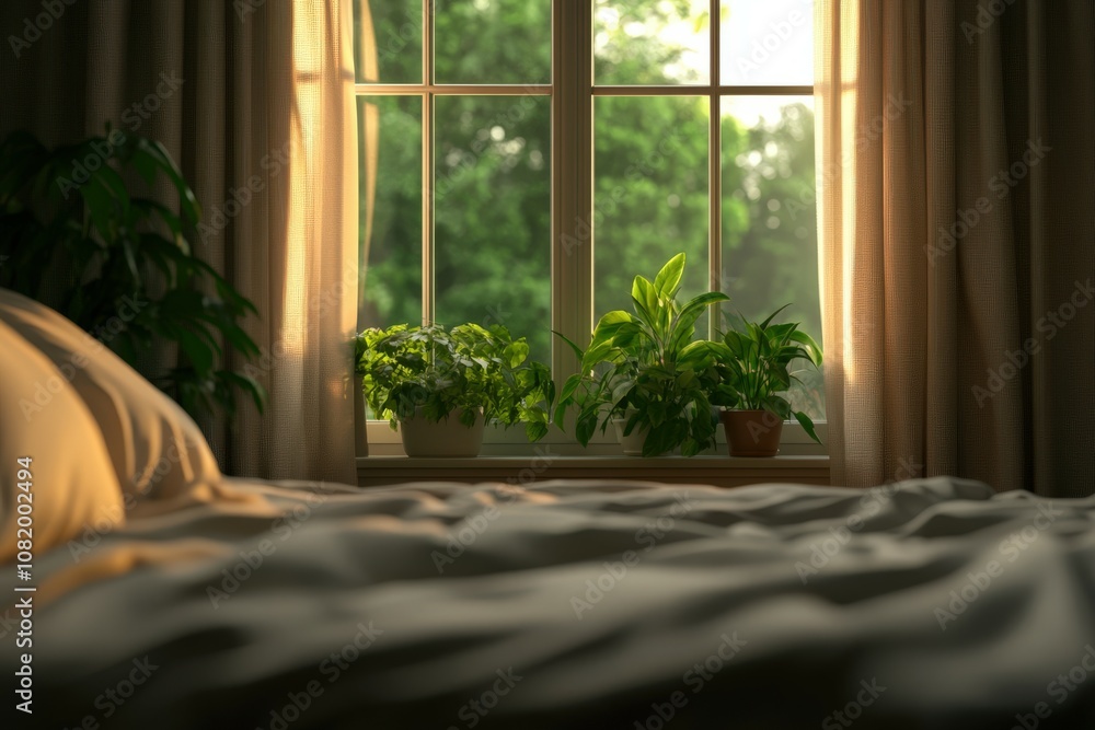 Fototapeta premium Cozy bedroom with plants and sunlight streaming through the window