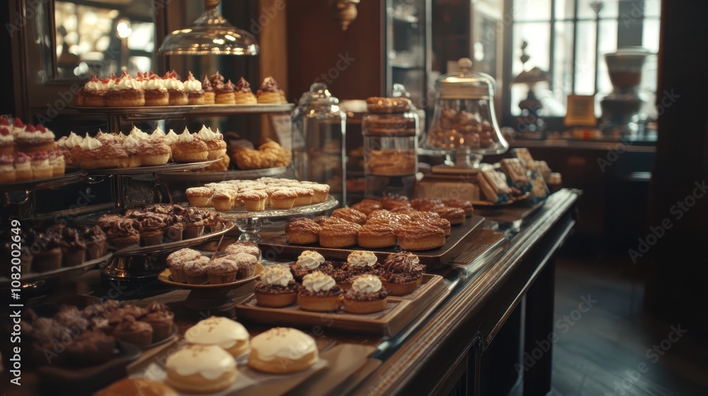 A display of assorted pastries and sweets in a cozy café, inviting a sense of indulgence. A display of assorted pastries and sweets in a cozy café, inviting a sense of indulgence.
