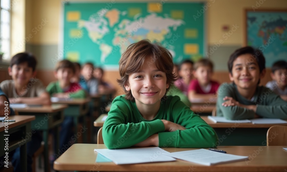 Smiling student in a classroom setting, surrounded by classmates, showcasing a cheerful and engaging learning environment Smiling student in a classroom setting, surrounded by classmates, showcasing a cheerful and engaging learning environment