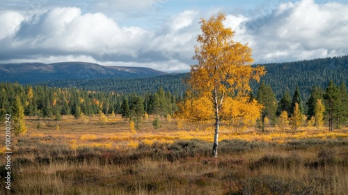 Golden Birch Tree in a Field with Distant Mountains and Forest