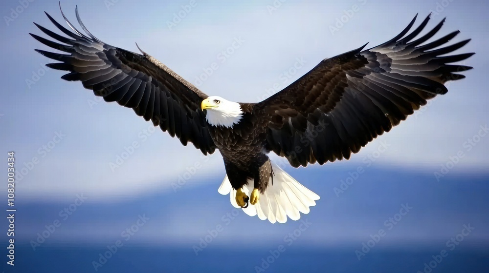 Naklejka premium Bald Eagle Soaring Against a Blue Sky with Wings Spread Wide