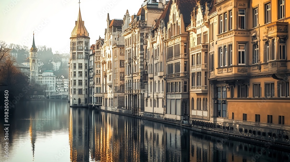 Obraz premium Elegant Art Deco Cityscape with Gilded Spires and Shimmering River Reflections